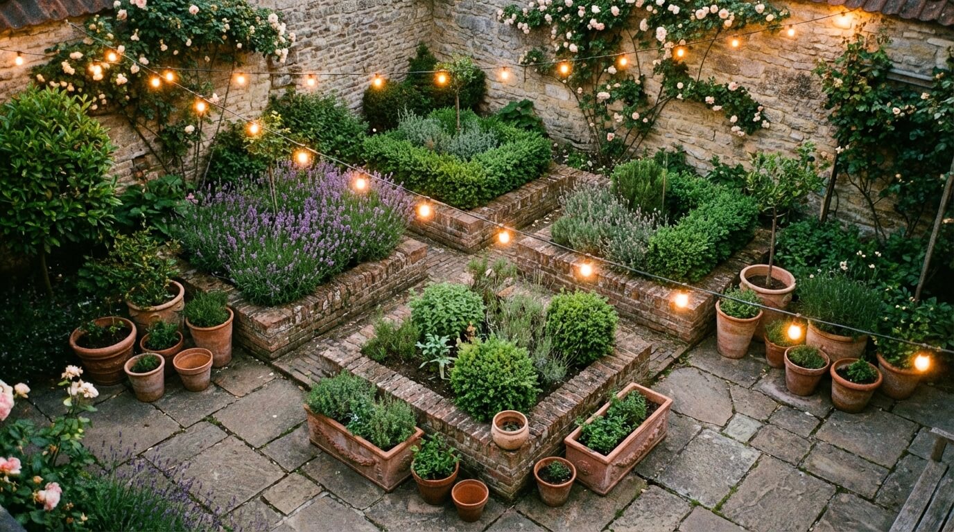 Sfeerbeeld van een verlichte tuin bij schemering